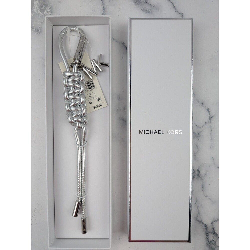Michael Kors Silver Tone Metallic Braided Cord Bag Charm Keychain Accessory